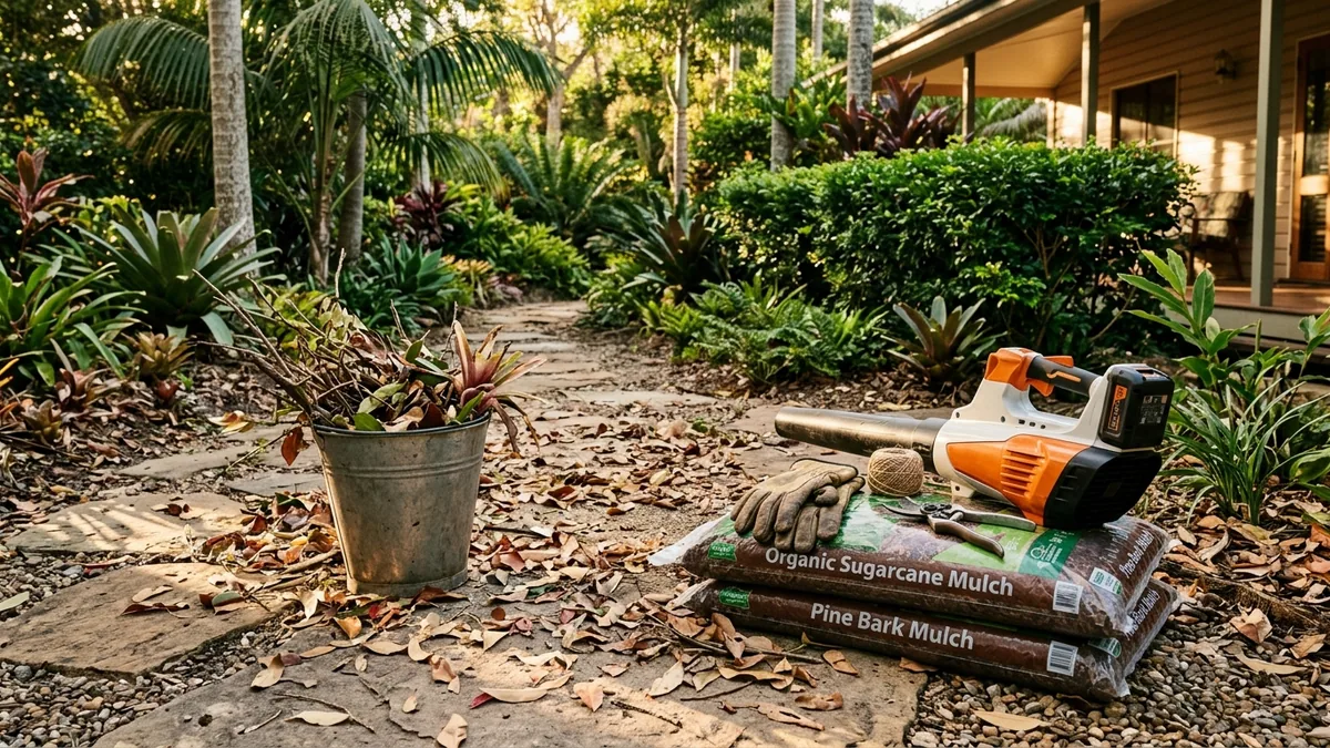 Garden maintenance tools ready for an autumn Brisbane garden reset