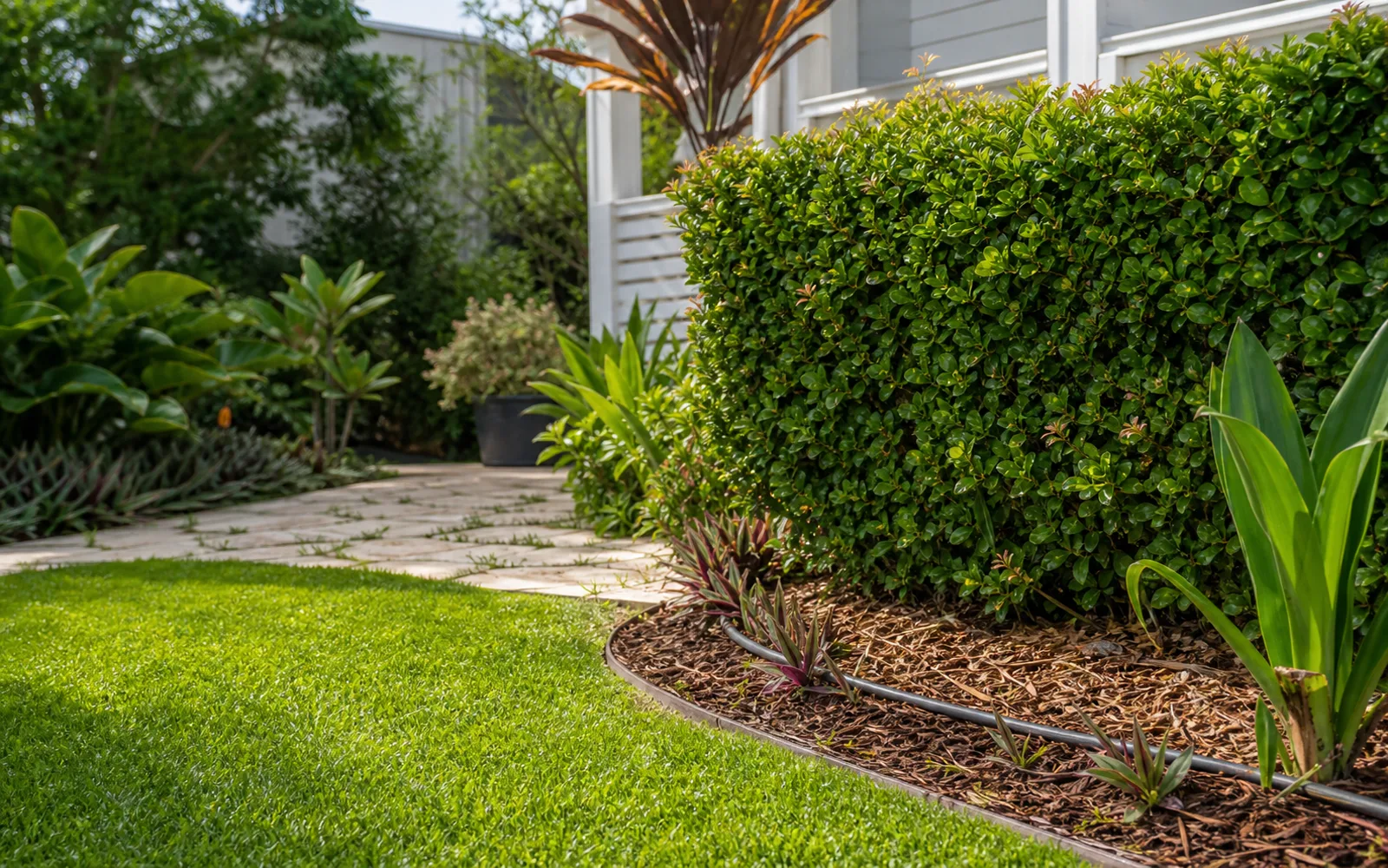 Neat lawn edge, a trimmed hedge, mulched beds and irrigation