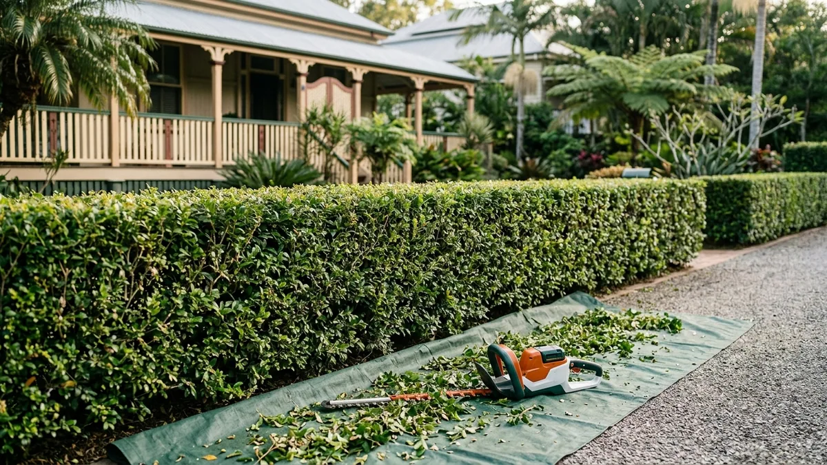 Professional hedge trimming on a Brisbane residential property