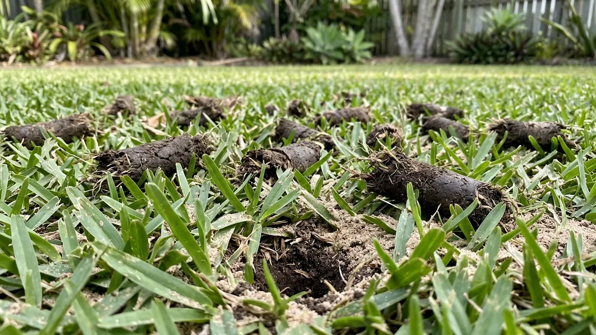 Aeration soil cores and sandy top dressing being brushed into Brisbane turf