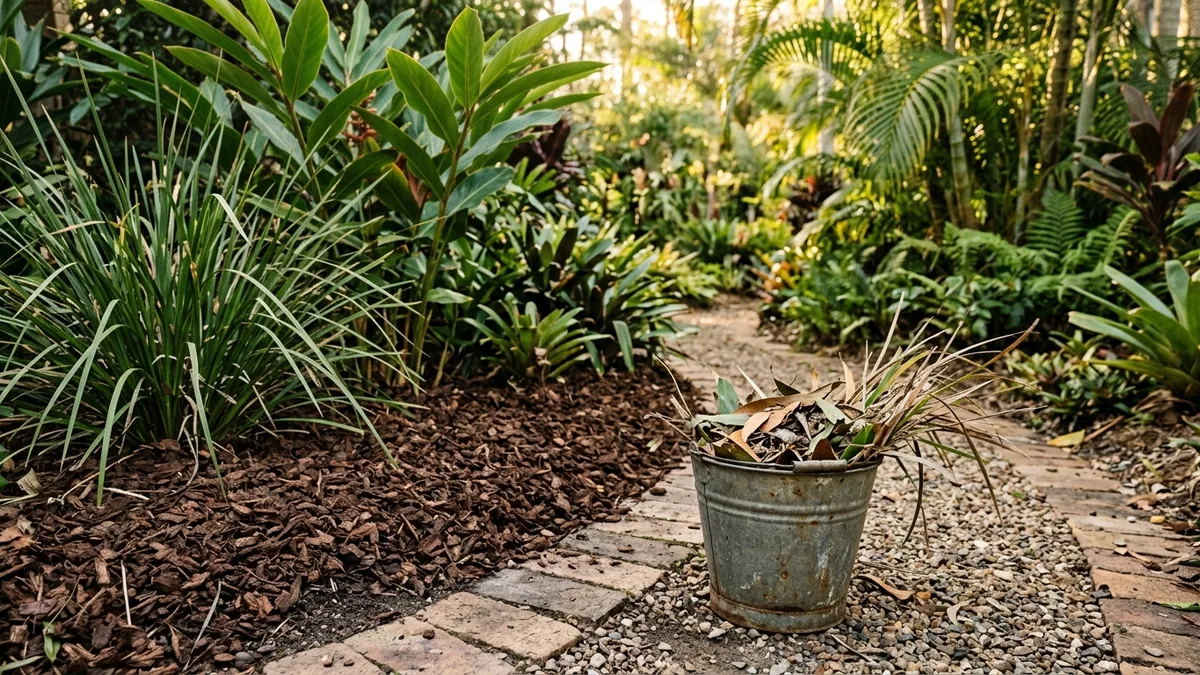 Freshly mulched garden bed suitable for autumn Brisbane garden care