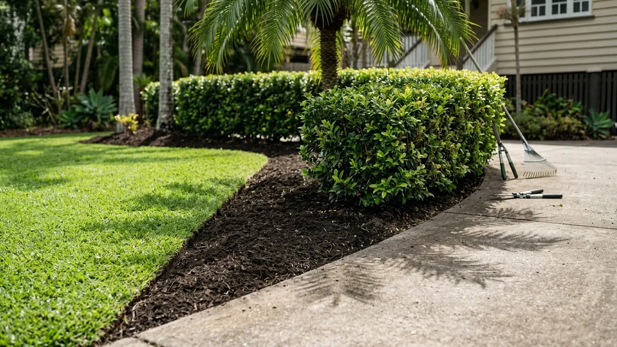 Crisp lawn edge, trimmed hedge and mulched bed in an established Brisbane garden
