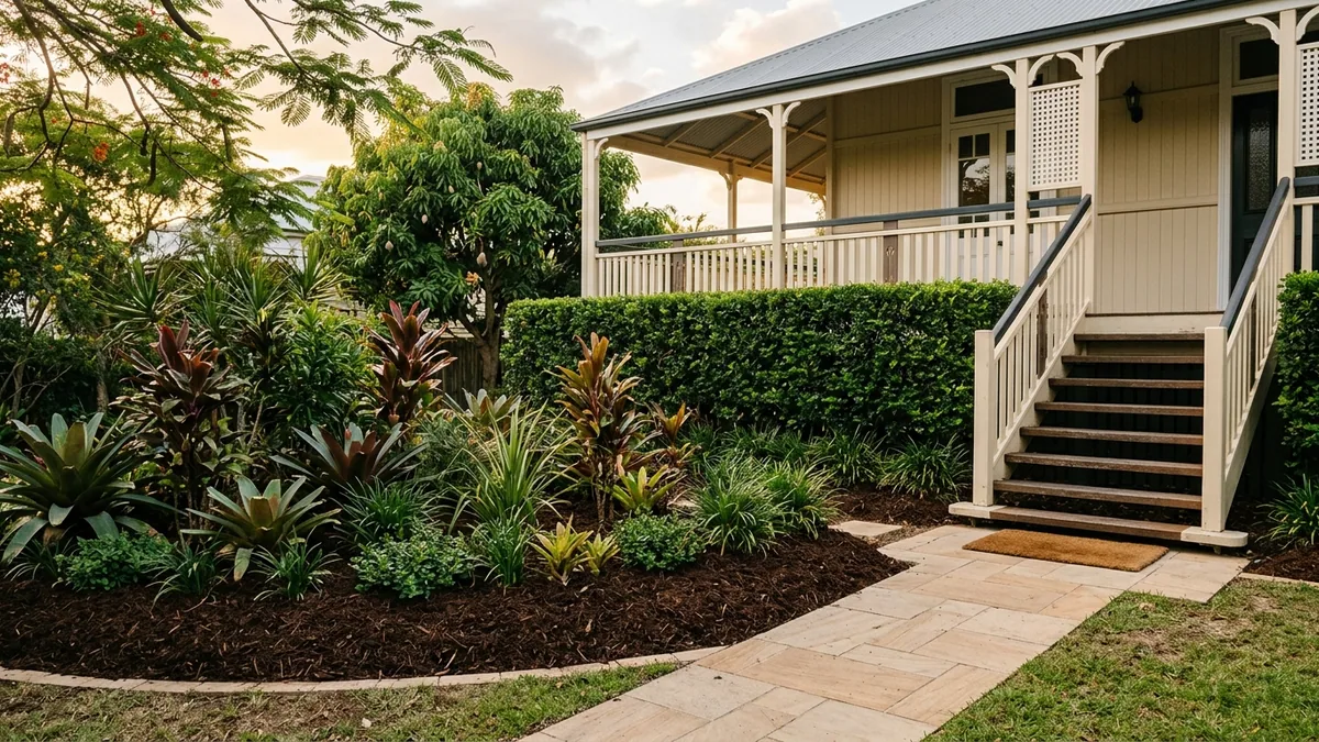 Freshly mulched entrance garden and clipped hedge before a Brisbane home sale