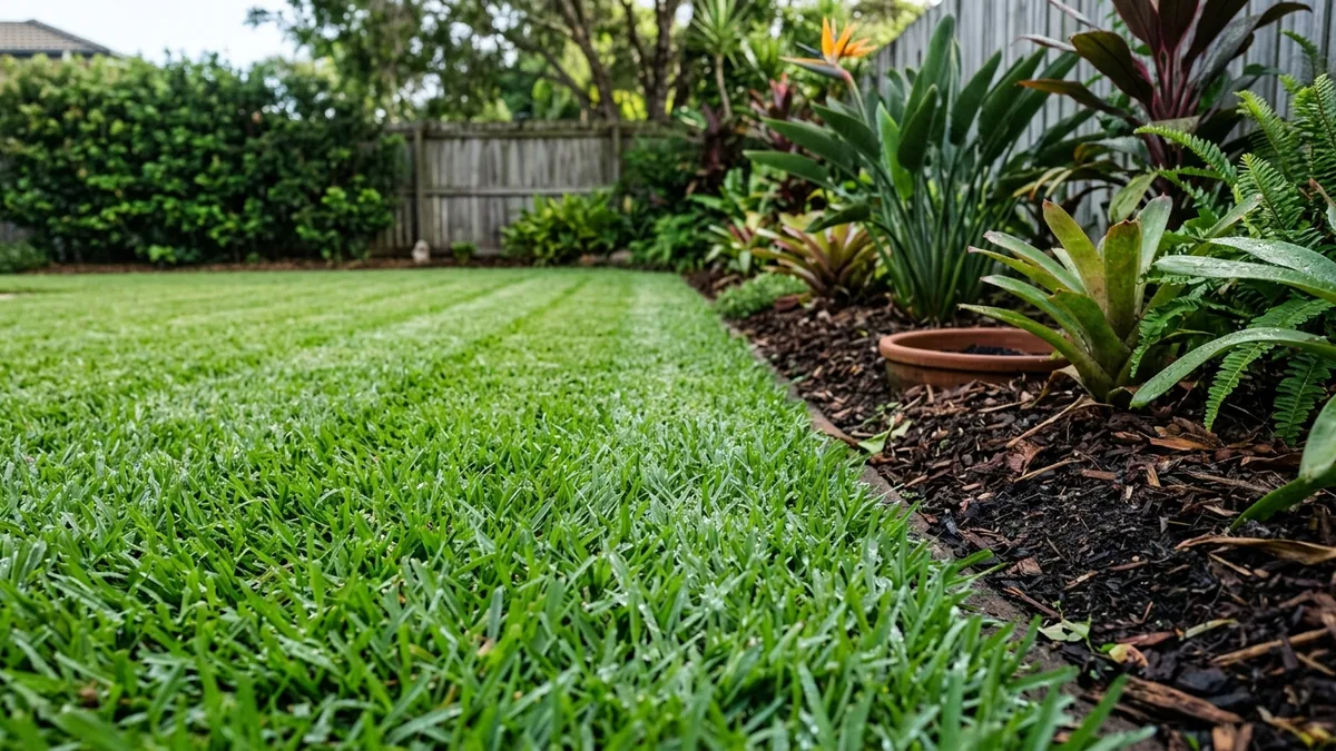 Close-up of a higher-cut Brisbane lawn edge beside subtropical planting