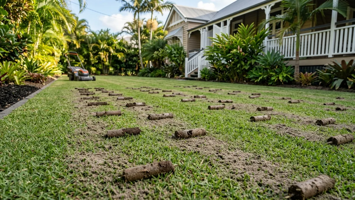 Lawn being aerated and top dressed, with battery powered equipment nearby