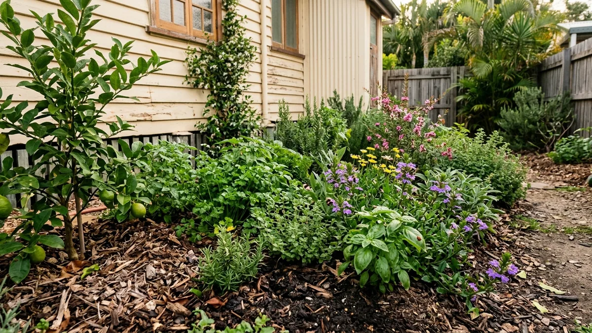 Productive organic-style garden beds around a Brisbane home