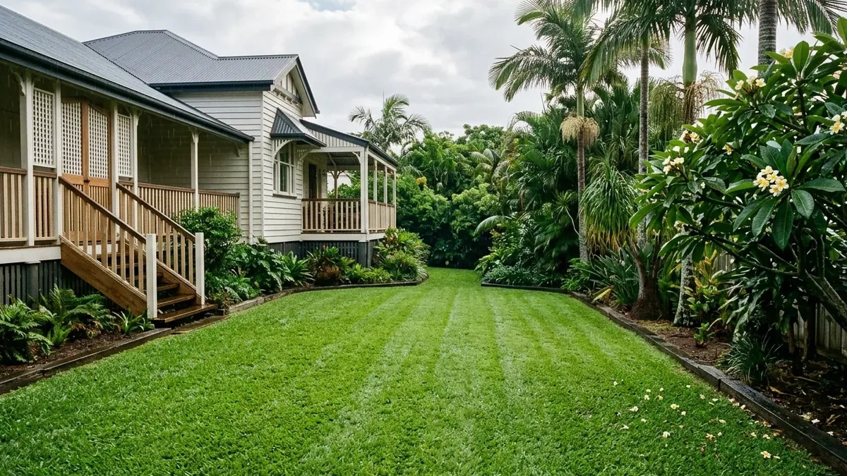 Healthy lawn beside a Queenslander home in summer light