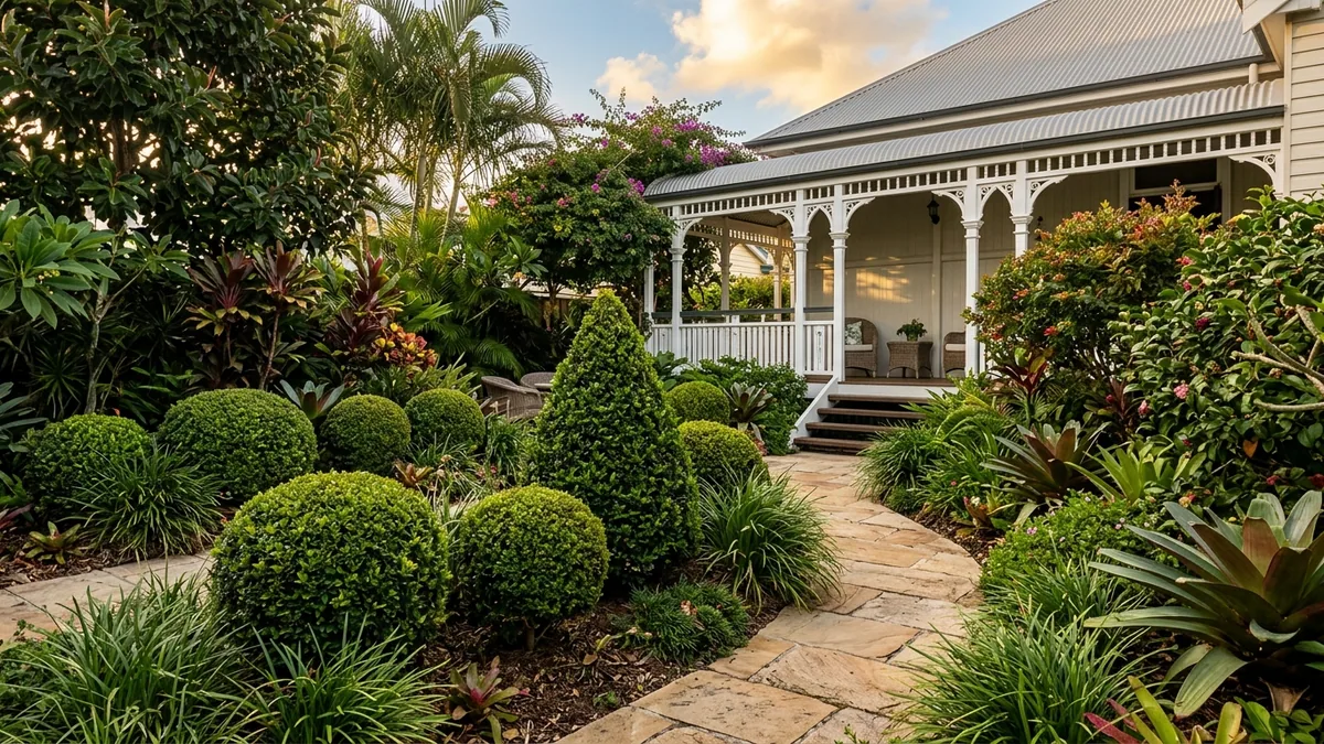 Shaped topiary balls and structured planting in a Brisbane garden