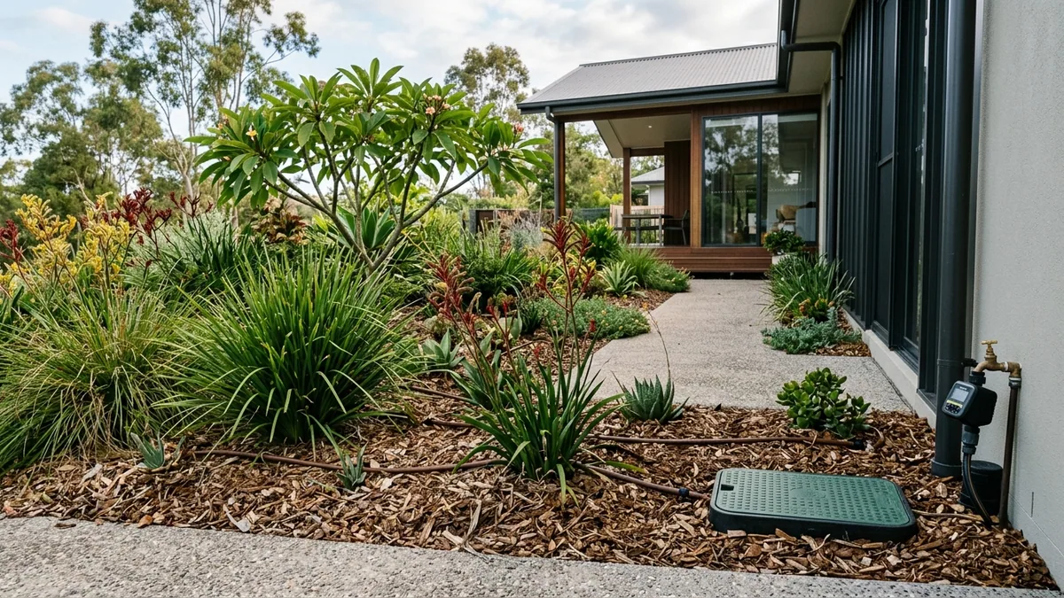 Water-wise Brisbane garden with visible irrigation planning